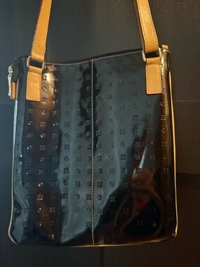 Arcadia Black Patent Crossbody with Tan Straps